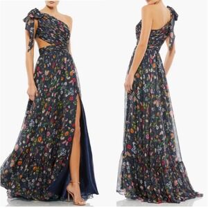 New Mac Duggal 67938 Navy Tied One Shoulder Cut-Out Flowy Gown Sz 12
